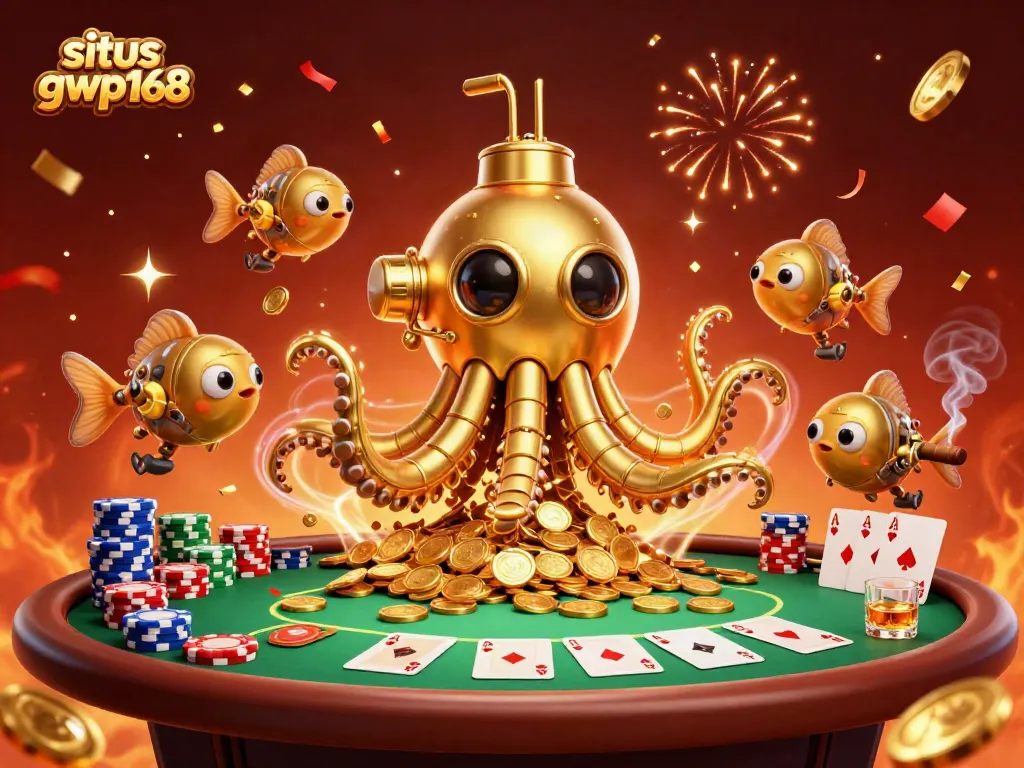 Gambarkan situs gwp168 dengan karakter kartun 3D diantara segunung koin, dan permainan poker.