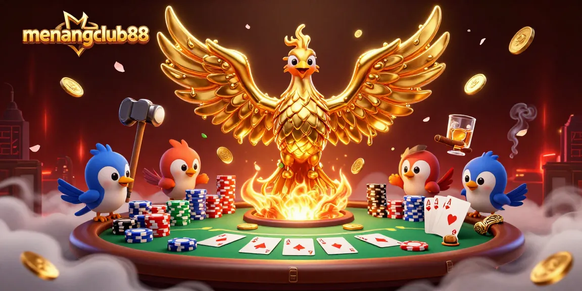 Experience the thrilling winnings of menangclub88 with a vibrant scene of a molten golden phoenix and poker elements.