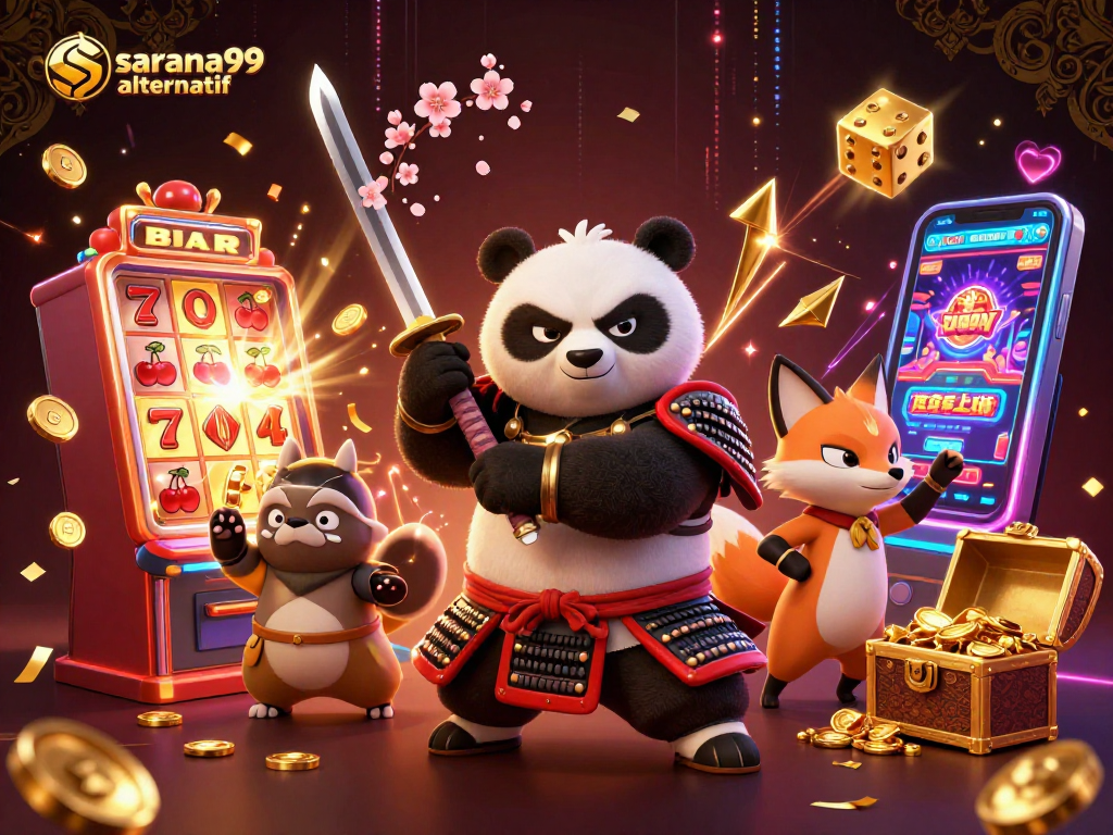 Sarana99 alternatif enhances gaming fun with a dynamic 3D illustration of a samurai panda at the casino.