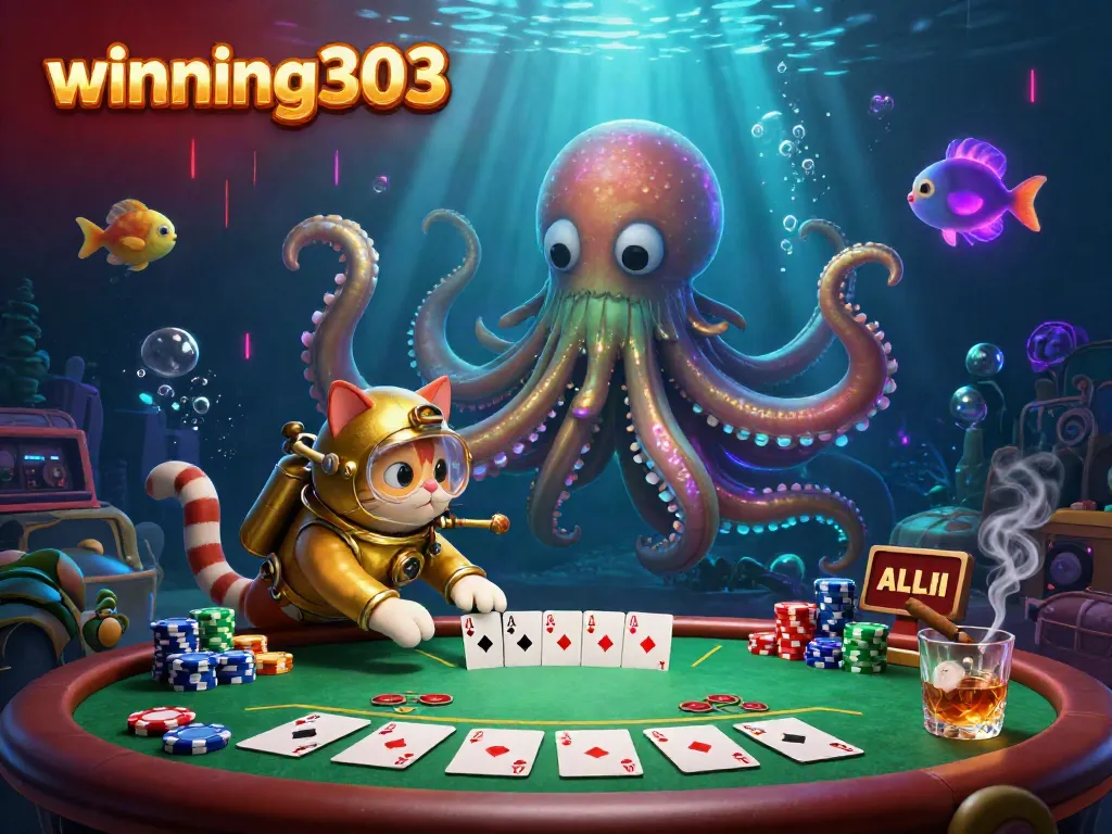 Join the fun with winning303, showcasing vibrant poker action under the sea with a kraken and diving cat.
