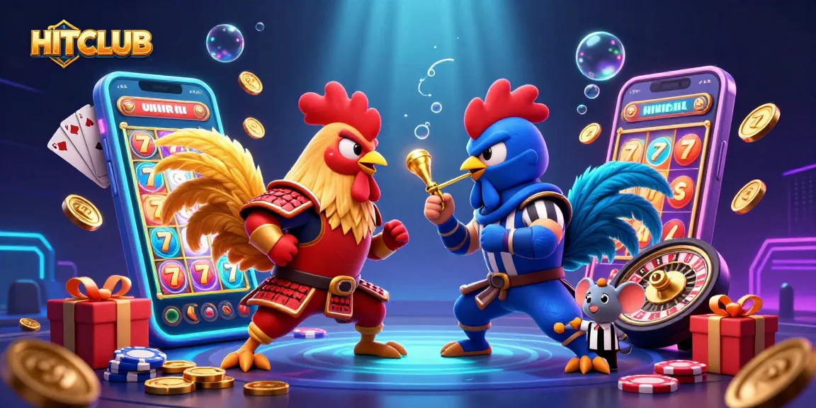 Experience thrilling games at HITCLUB with a showdown between fierce roosters and vibrant casino elements.