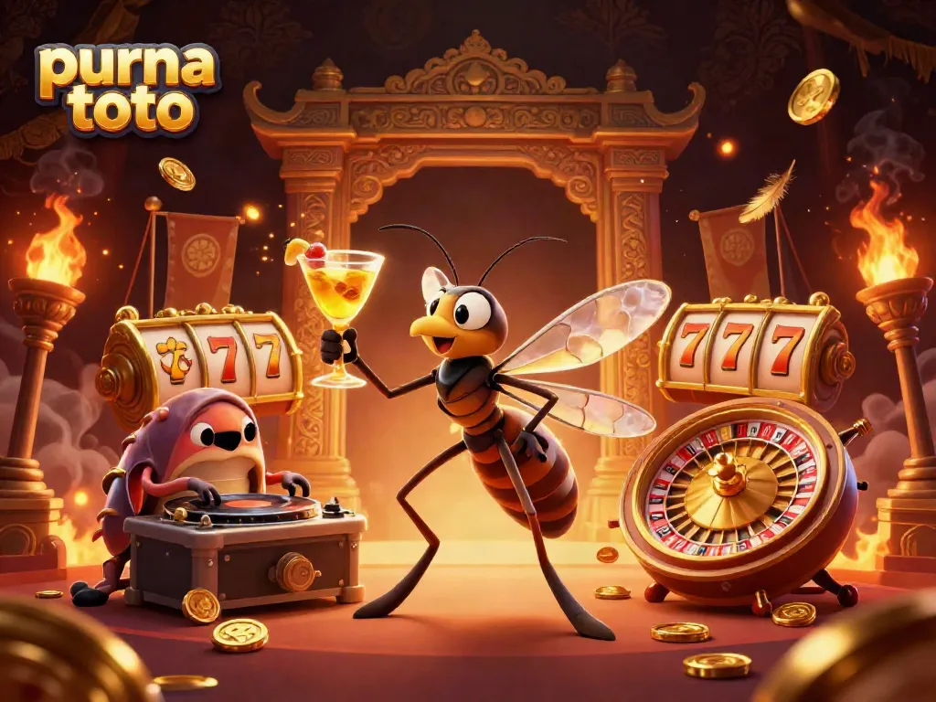 Purna toto slot game dengan karakter unik sebagai maskot dalam ilustrasi casino yang dinamis.