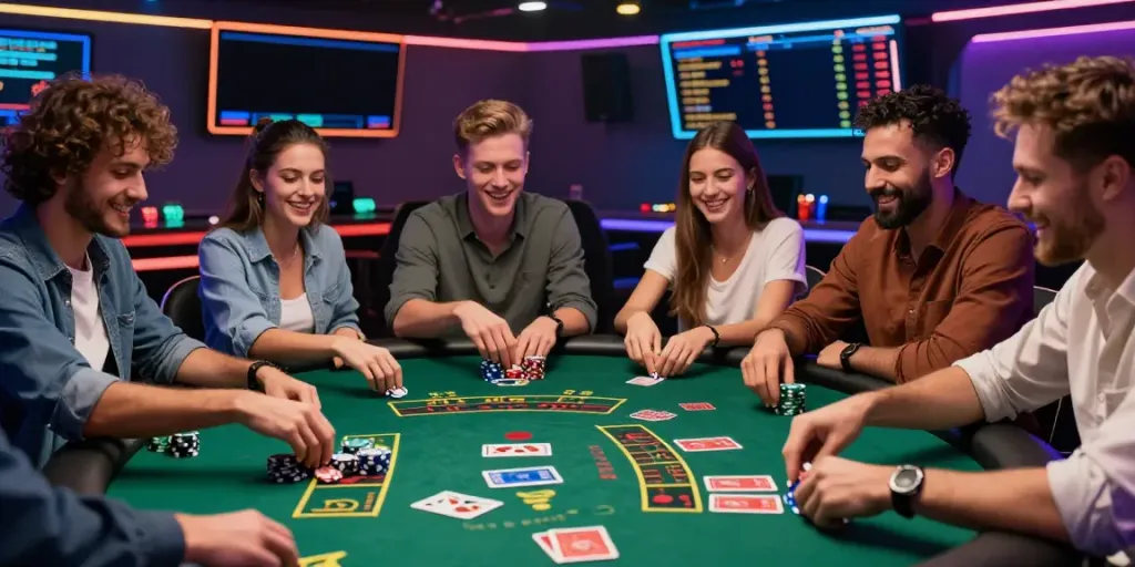Hráči v online kasinu užívají zábavu při blackjacku a pokeru s barevnými světly.