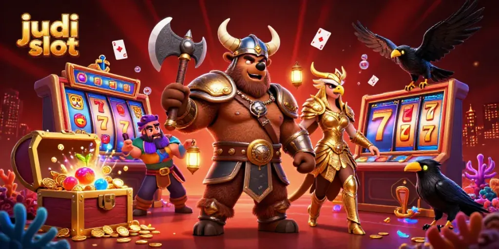 Merayakan kemenangan judi slot dengan karakter kuat dan elemen berwarna-warni.