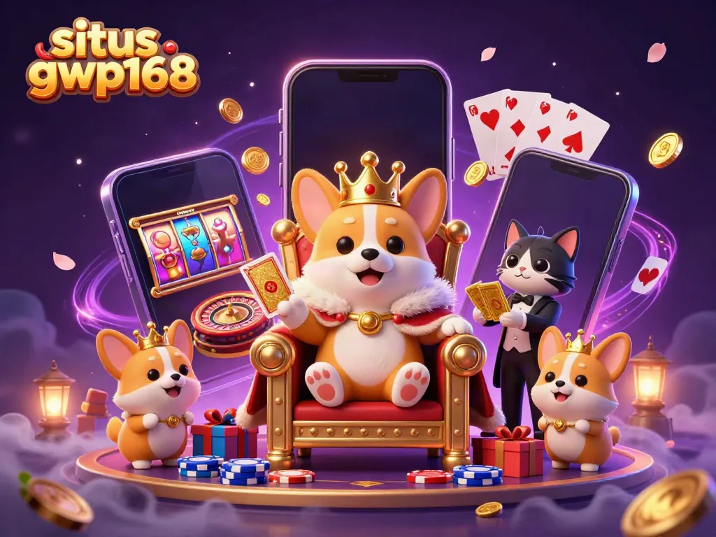 Permainan slot menarik di situs gwp168 menampilkan corgi kerajaan dengan mahkota emas dan kartu sedang dihidangkan.