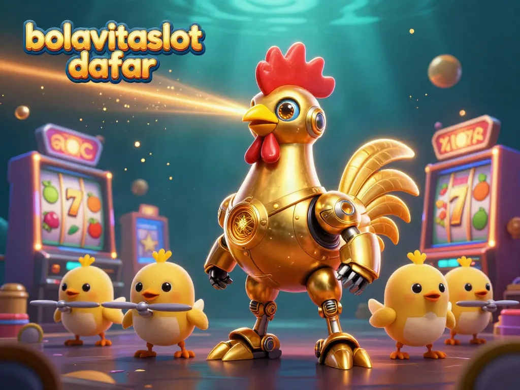 Spin and win at bolavitaslot daftar with glowing slot machines and a golden rooster robot.