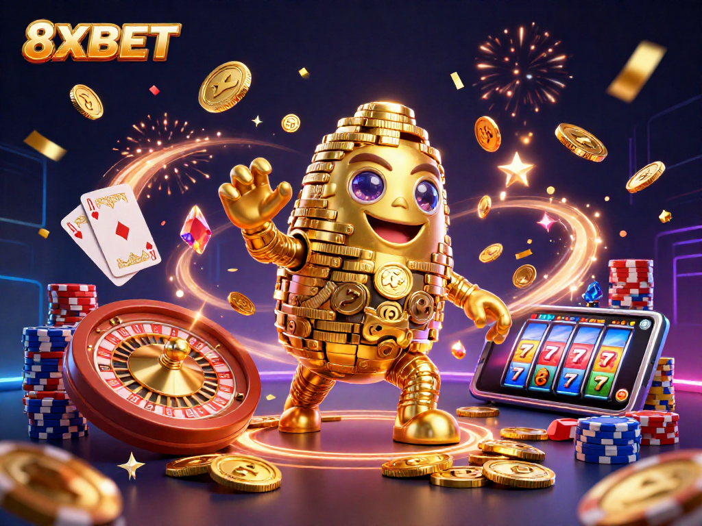 Experience thrilling wins with 8XBET, featuring dynamic golden golems, coins, and casino elements.