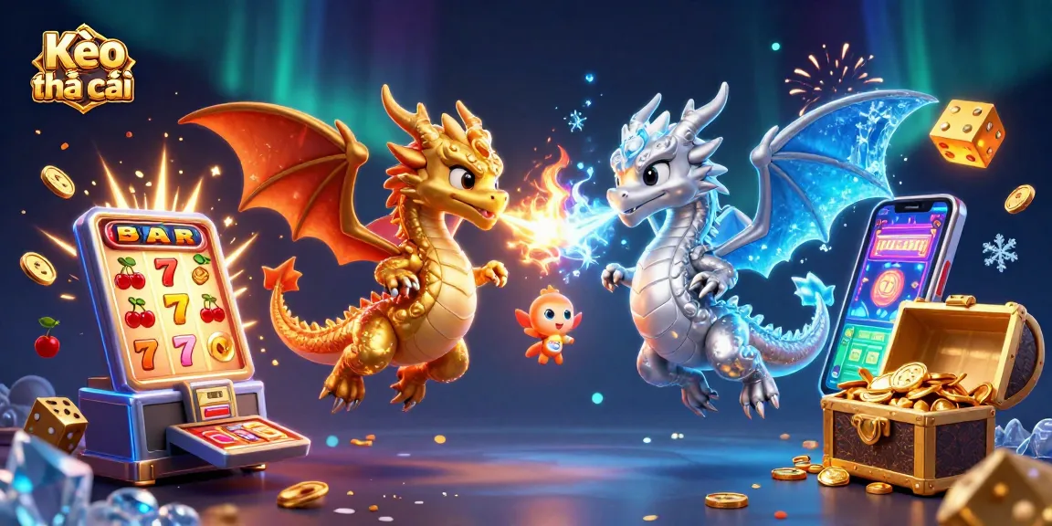 Kèo nhà cái showcases a vibrant scene with twin dragons battling fire and ice amidst casino elements, highlighting thrilling gaming moments.