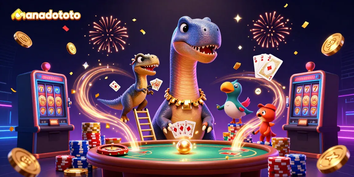 Engage with manadototo as a towering brontosaurus oversees a lively poker table, featuring vibrant casino elements.