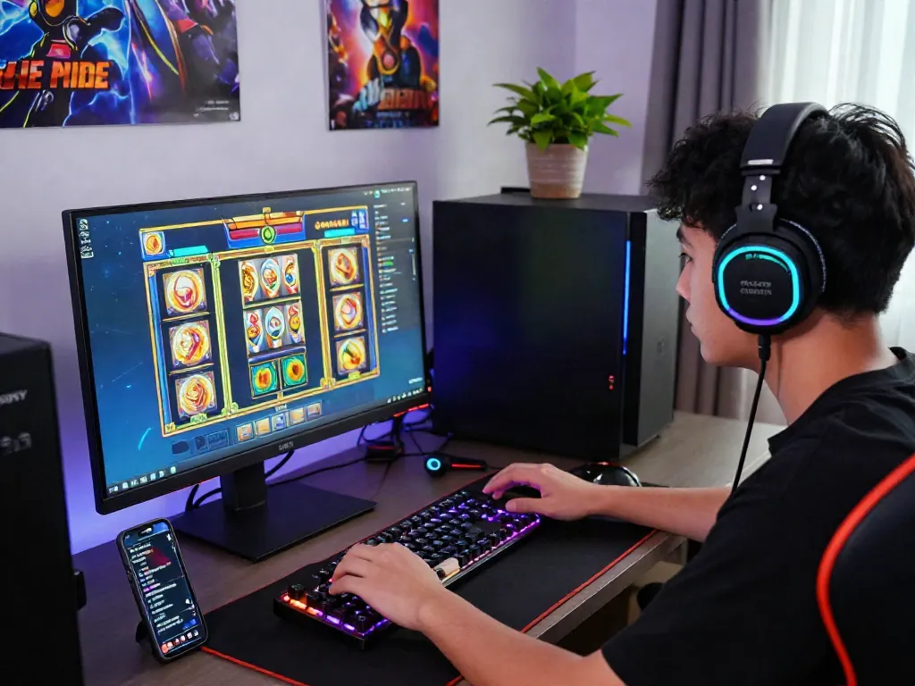 Player enjoying slot gacor hari ini with engaging graphics and vibrant gaming setup, showcasing online gaming culture.