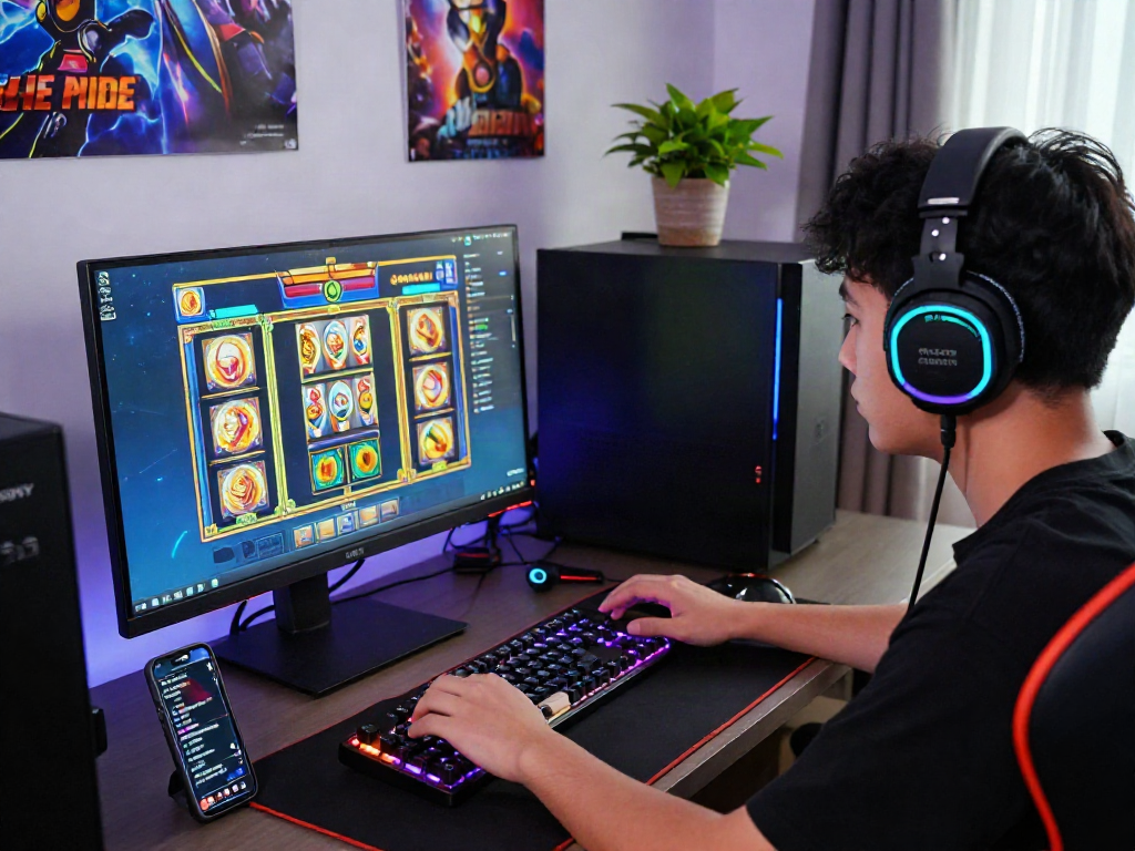 Player enjoying slot gacor hari ini with engaging graphics and vibrant gaming setup, showcasing online gaming culture.
