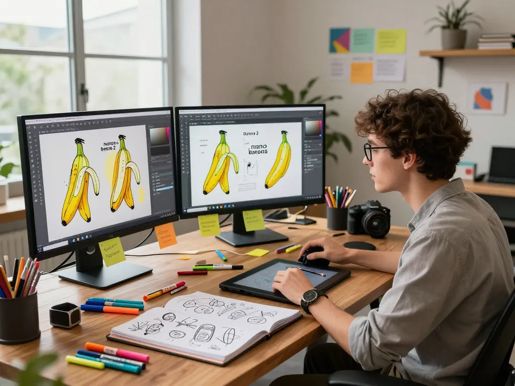 Young graphic designer showcasing the creative use of nano banana 2 in a vibrant digital art studio.