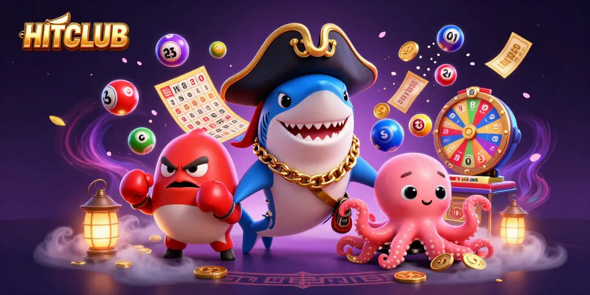 Experience HITCLUB with vibrant lottery elements and lively characters in an exciting casino-themed scene.