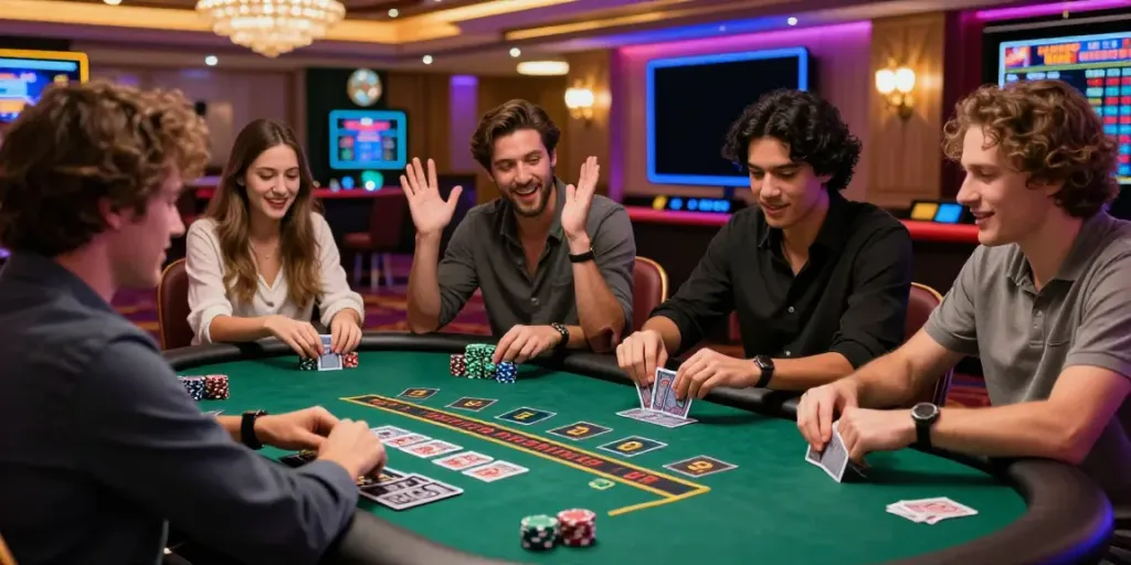Exciting online kasino gaming scene with friends celebrating a blackjack win in a vibrant casino environment.