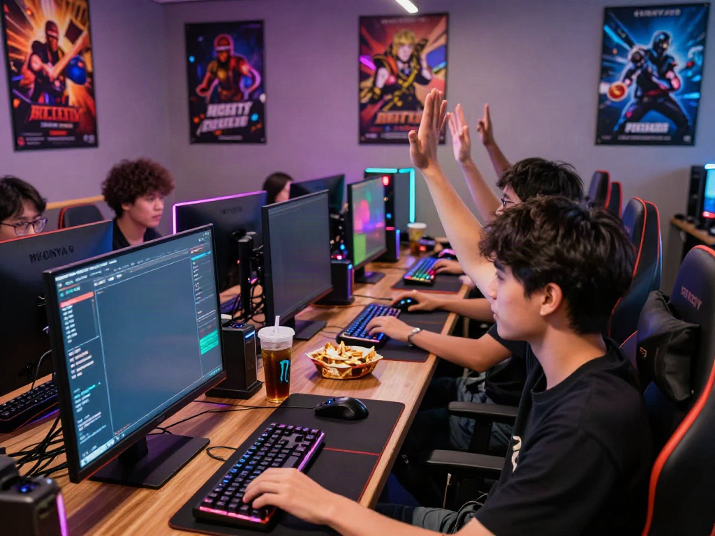Gamers menikmati pengalaman login NYONYA4D di cyber café yang modern dan penuh warna.