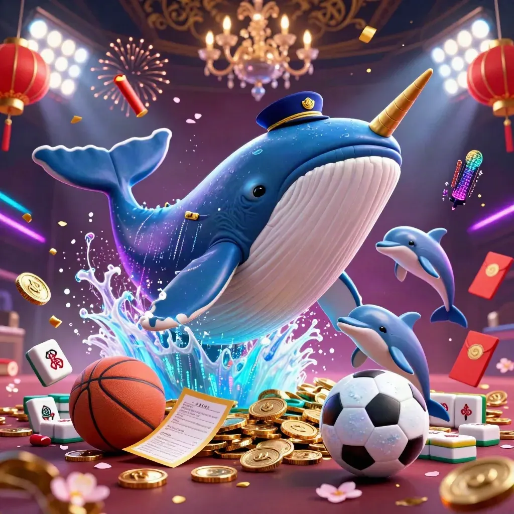 Whale, narwhal and dolphins burst around a frozen soccer ball in a neon casino stadium