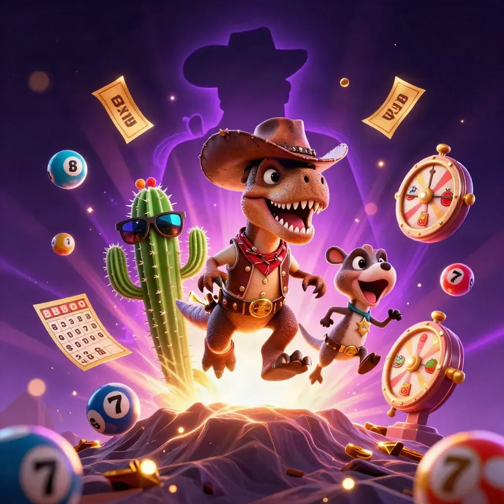 Cowboy T-Rex, cactus sidekick, and roadrunner amid casino symbols and neon light.