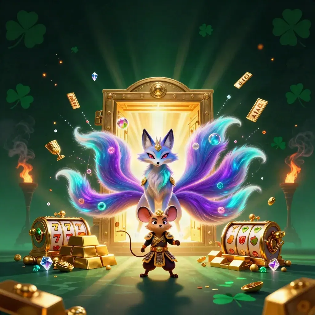 Neon fox spirit and gold-armored mouse burst from a treasure vault amid slot symbols.