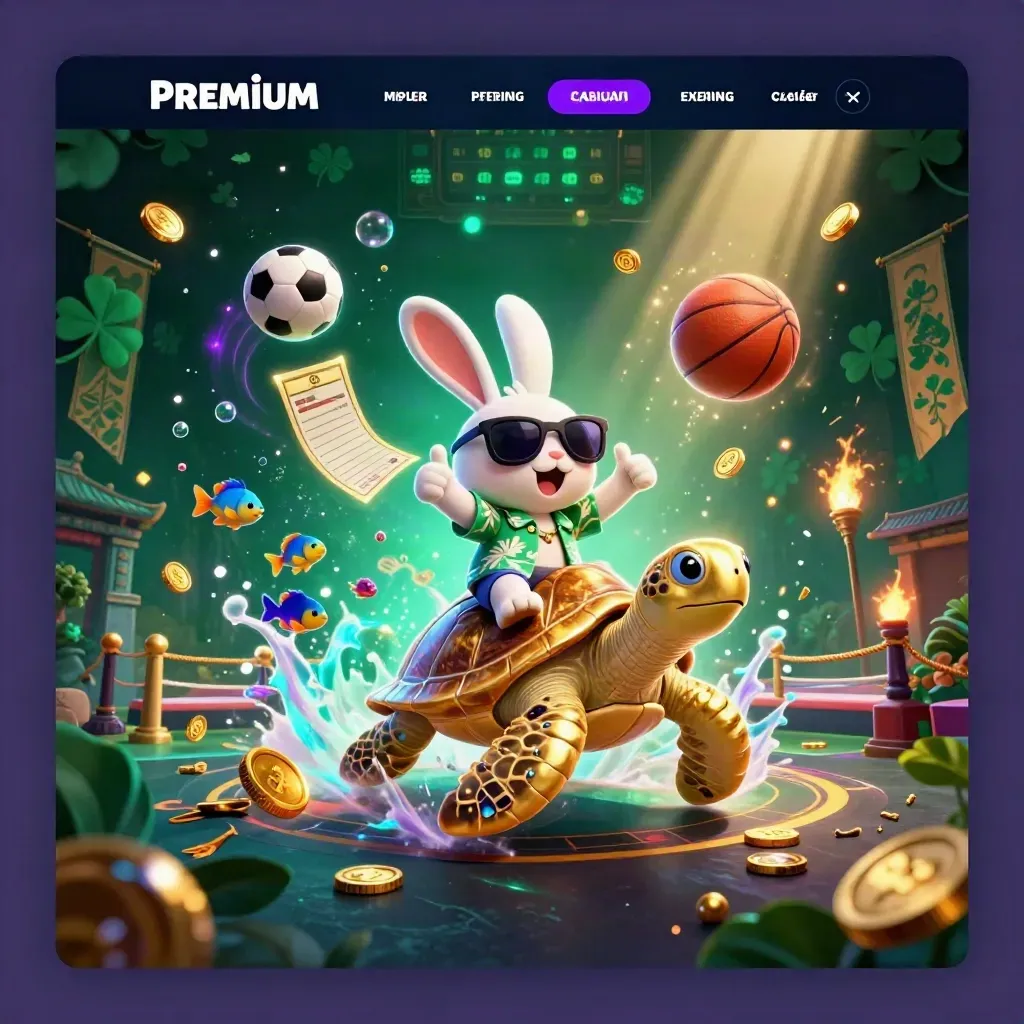 Lucky rabbit rides a gem turtle amid casino sports icons, coins, bubbles, and neon light.