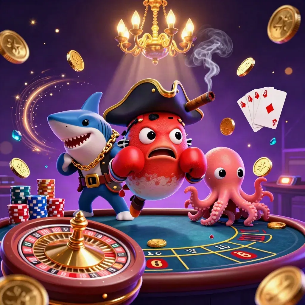 Pirate shark, boxing pufferfish, and baby octopus amid casino coins, gems, and a spinning wheel.