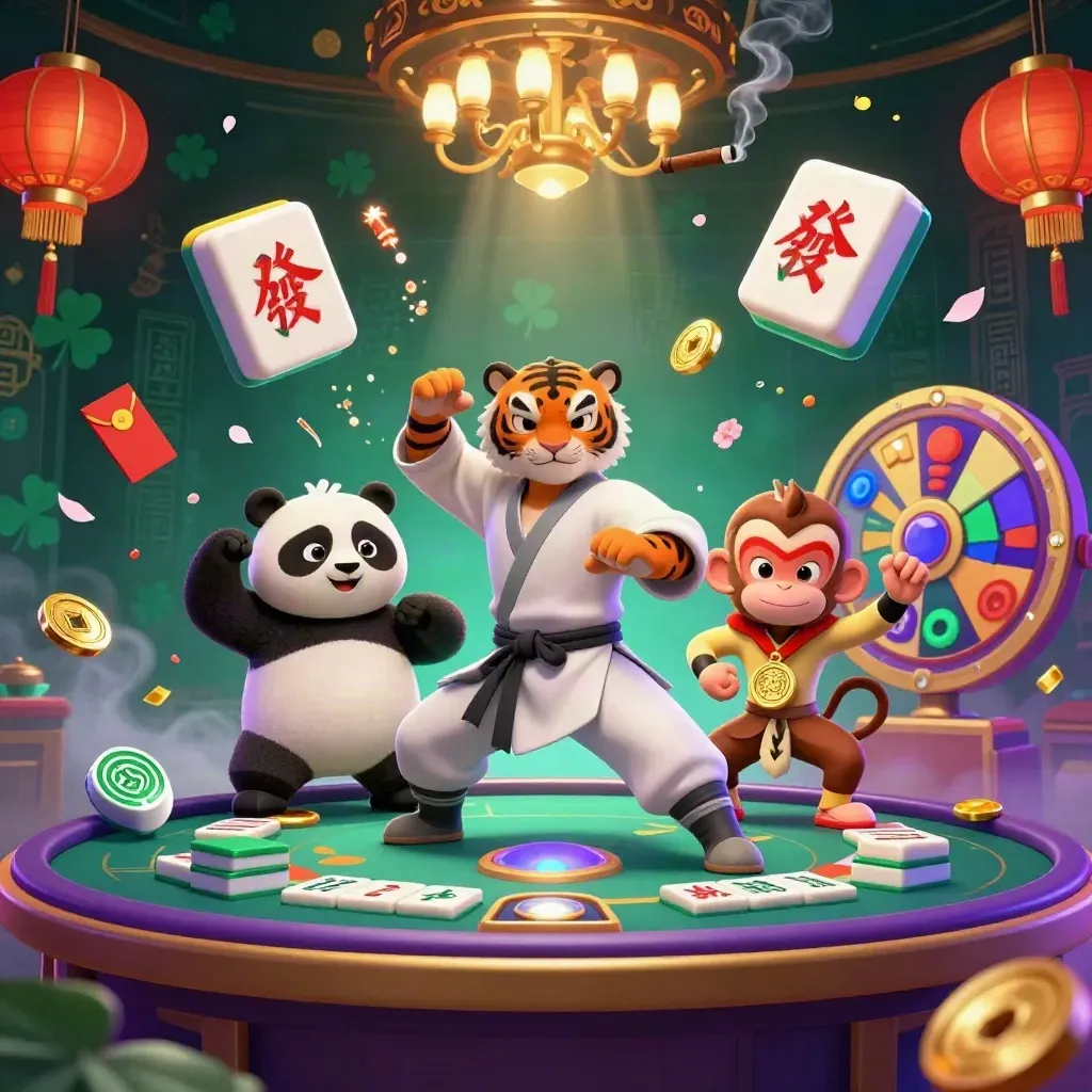Tiger, panda, and monkey in a glowing casino-adventure scene with lanterns, coins, and magic light