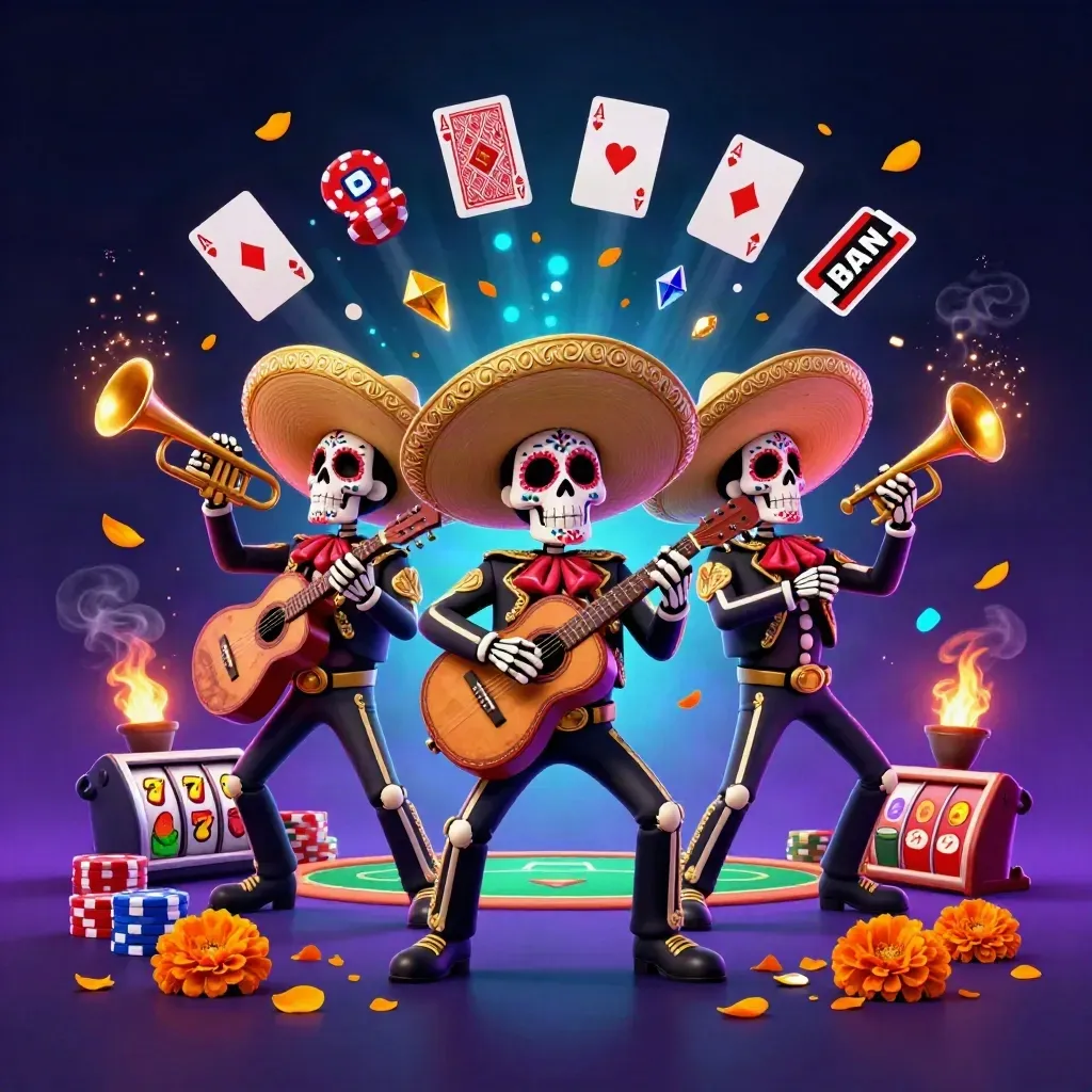 Skeleton mariachi trio amid casino cards, chips, slot symbols, and neon purple sparks