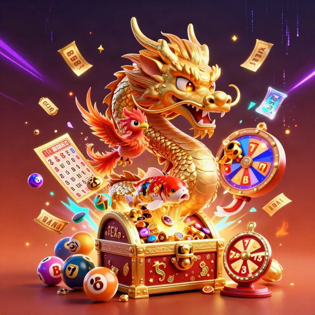 Golden dragon, phoenix, and koi burst with treasure and casino effects on a crimson backdrop.