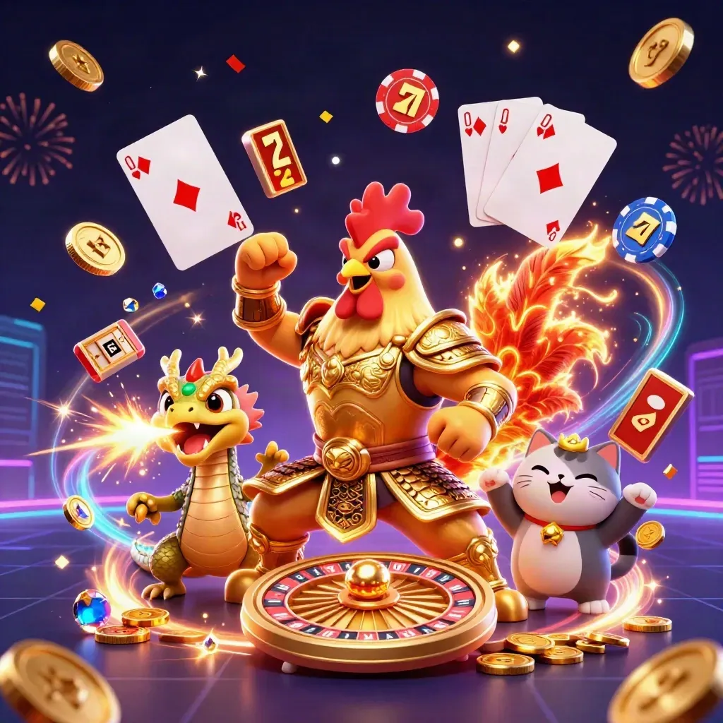 Rooster warrior, dragon hatchling, and fortune cat amid coins, gems, chips, and neon casino effects.