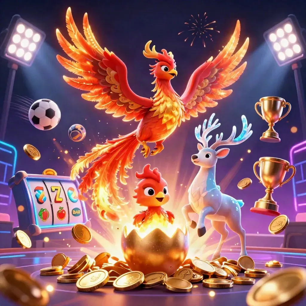 Fire phoenix, hatching chick, and crystal stag amid coins, reels, trophies, and neon casino fireworks.