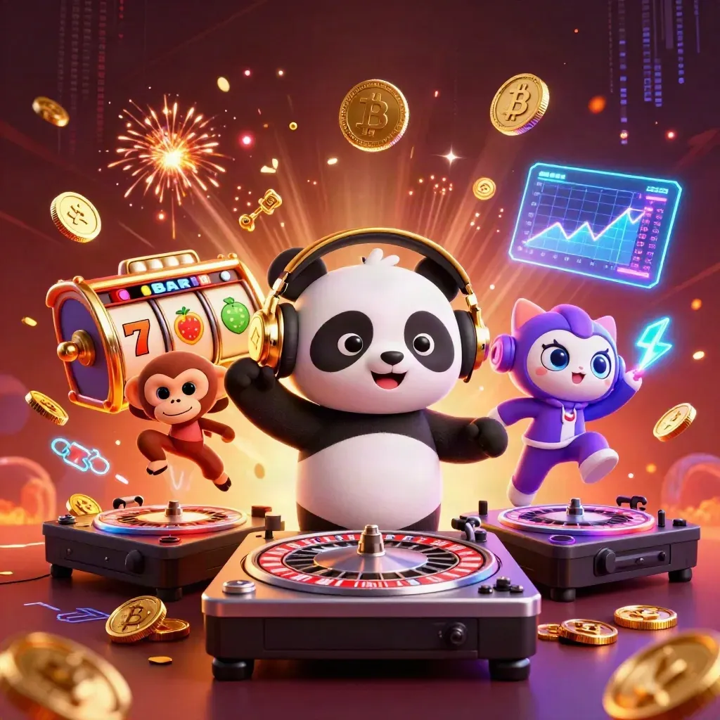 Cartoon panda DJ, monkey, and glow-kitten amid casino treasure, coins, sparks, and neon burst