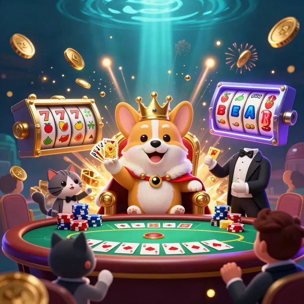 Royal corgi and cat butler amid casino treasure burst, chips, reels, and fireworks.