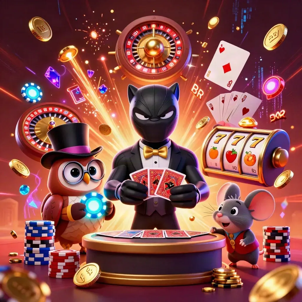 Black panther, owl, and mouse amid exploding coins, chips, cards, roulette wheel, and neon fireworks.