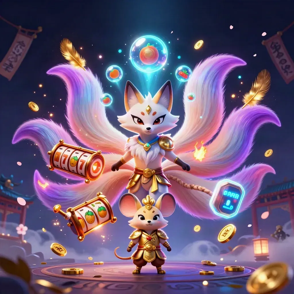 Neon fox spirit and armored mouse amid casino magic, coins, reels, and temple ruins.