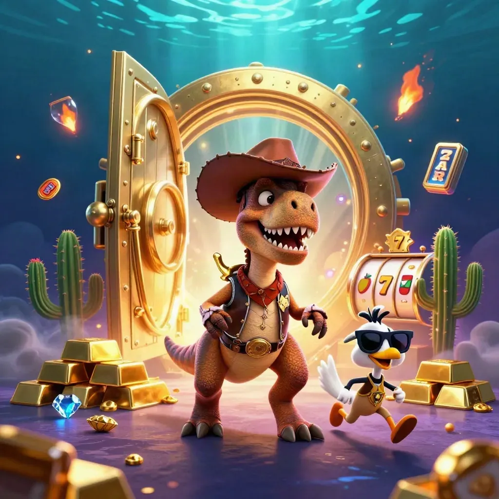 Cowboy T-Rex, cactus sidekick, and sheriff roadrunner amid a vault of gold and slot symbols.