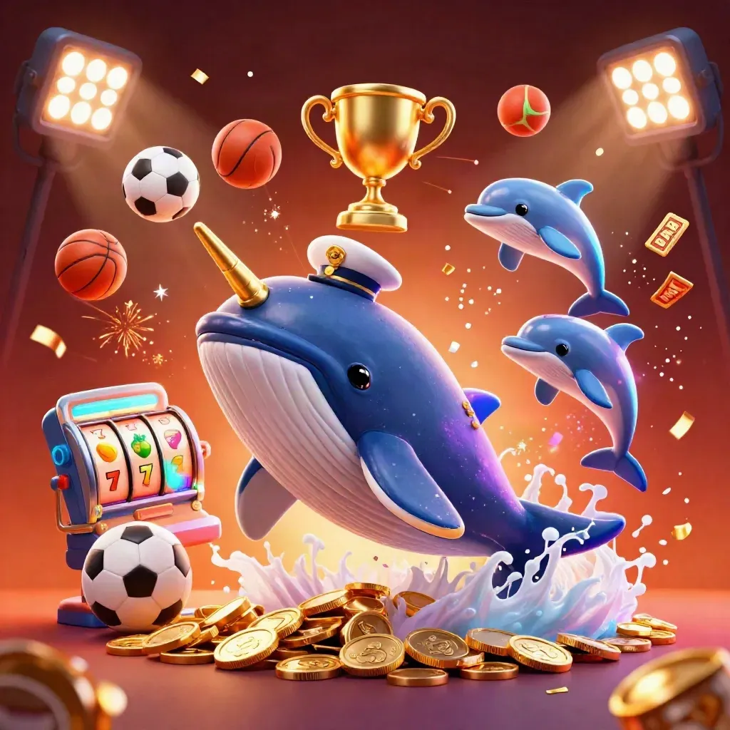 Whale captain, narwhal, and dolphins burst through coins with casino lights and game symbols