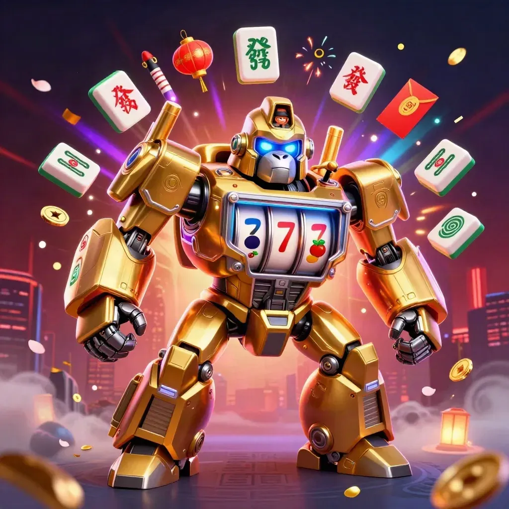 Golden gorilla mech with tiny monkey pilot, slot reels, lanterns, fireworks, and neon casino energy.