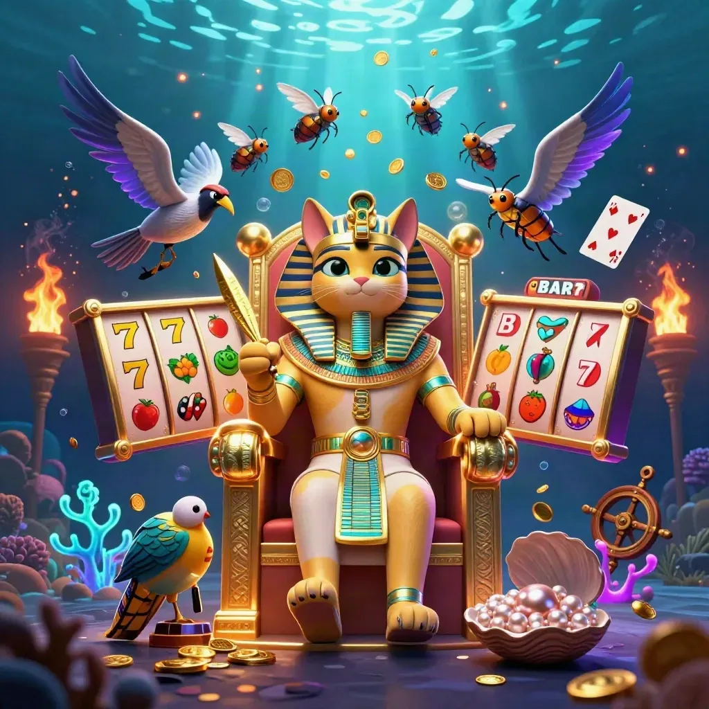 Pharaoh cat, ibis scribe, and gem-winged scarabs in a neon underwater casino treasure scene.
