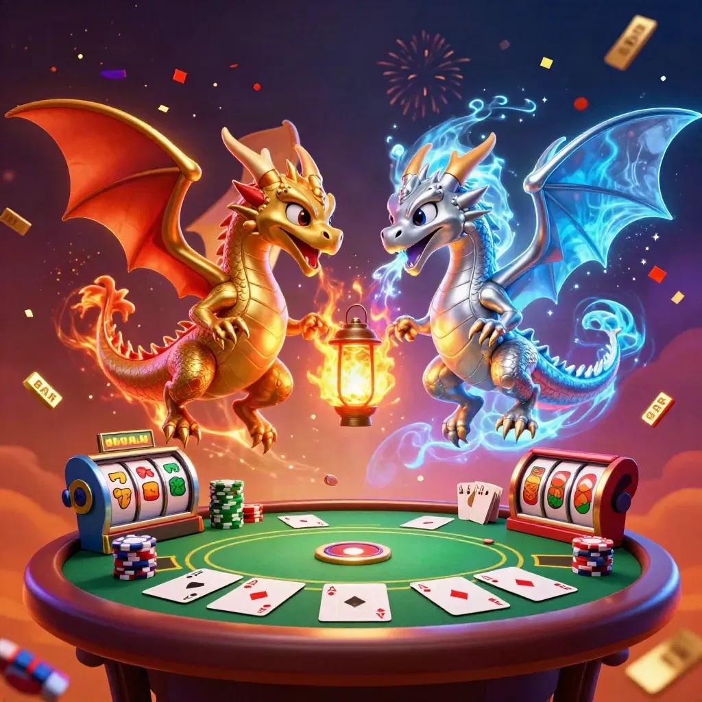 Twin gold and silver dragons form a yin-yang with cards, chips, and slot symbols in neon casino light.