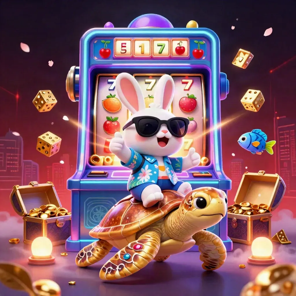 Lucky rabbit rides a golden sea turtle amid slot symbols, gold, and neon casino lights.