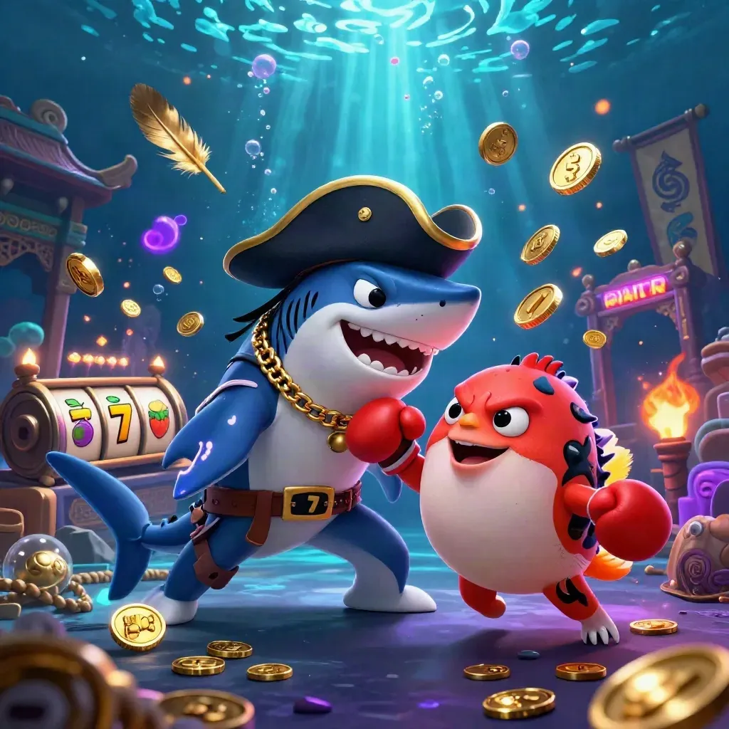 Pirate shark, boxing pufferfish, and coin-juggling octopus in a neon underwater casino scene.