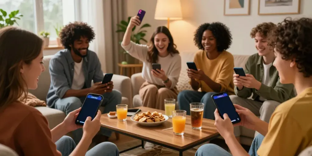 Exciting group of friends playing Rumble Rummy on mobile devices in a cozy setting.