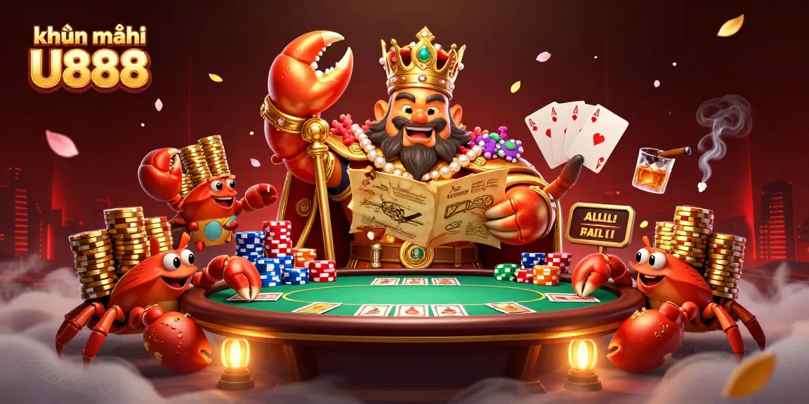 Engage with khuyến mãi U888 through this vibrant casino illustration showcasing an emperor crab with poker elements.