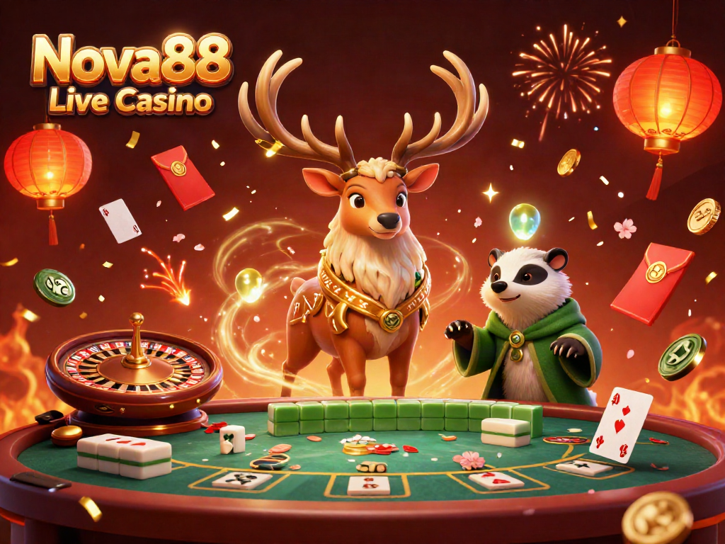 Experience the excitement of Nova88 Live Casino with a vibrant scene filled with casino elements.