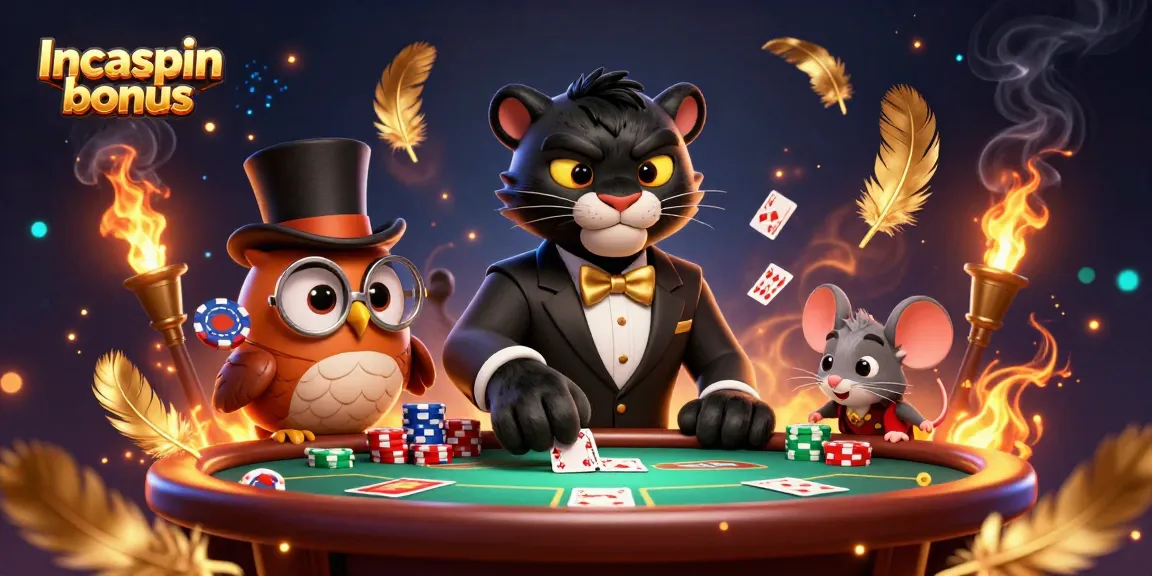 Experience the Incaspin bonus with a 3D panther dealing cards at a vibrant casino.