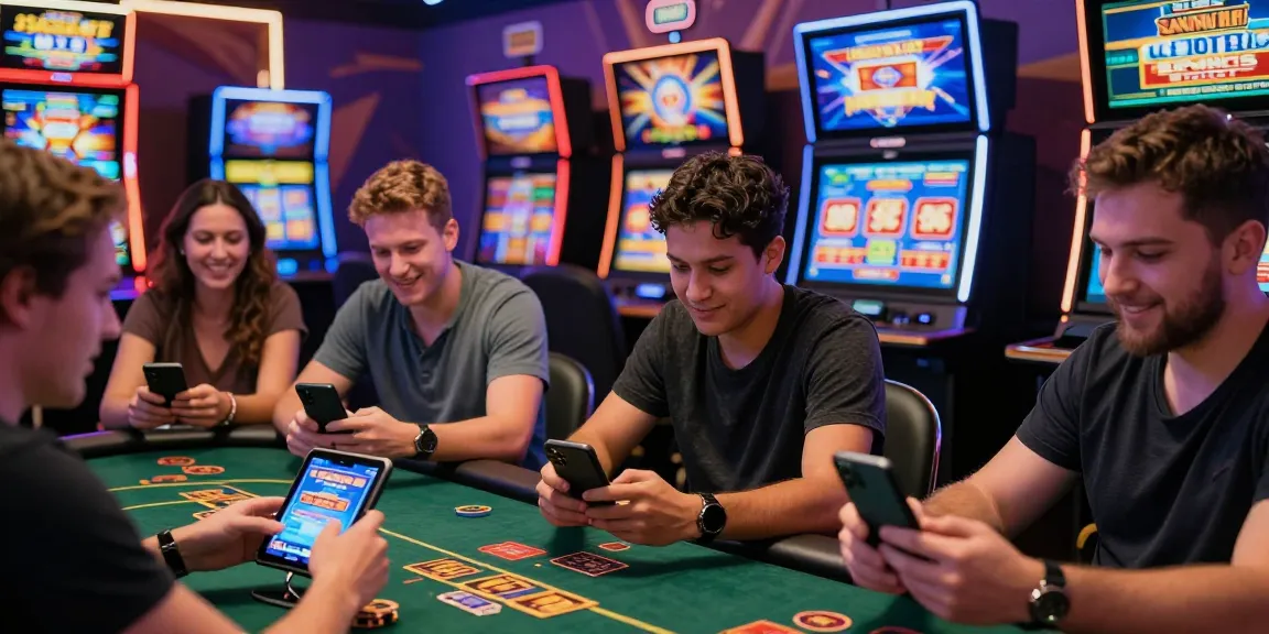 Diverse players engaging with the best online casinos on smartphones and tablets in a vibrant digital casino.
