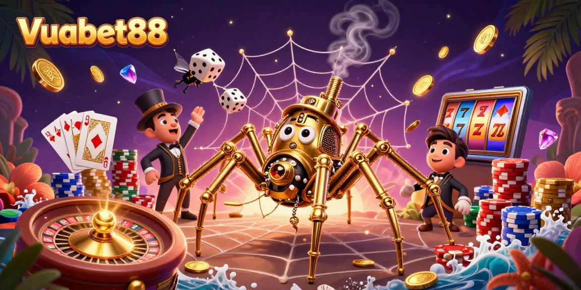 Vuabet88 features a steampunk spider and Victorian fly in a dynamic casino scene full of gaming elements.