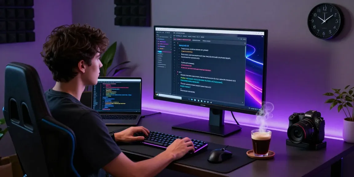 Kobold AI chatbot interface in modern workspace with user, laptop code, and ambient lighting.