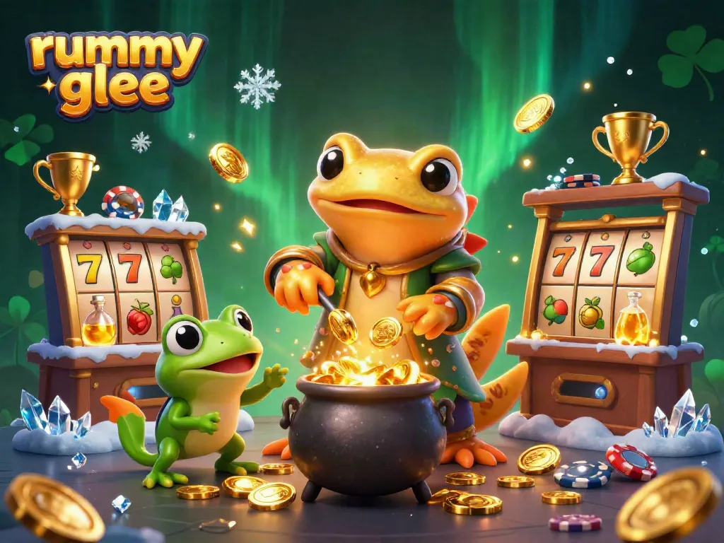 Rummy glee menghadirkan ilustrasi 3D dari alkemis salamander emas yang bertransformasi, mengelilingi elemen kasino yang ramai.