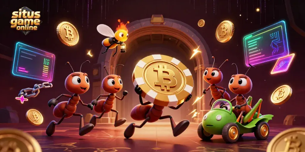 Engage in situs game online with ants carrying a giant poker chip in a vibrant heist scene.