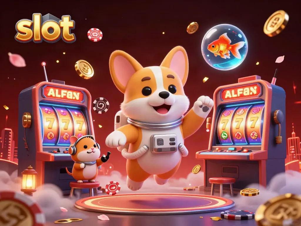 Engaging 3D illustration of a slot-themed casino with an astronaut corgi, hamster, and floating goldfish.